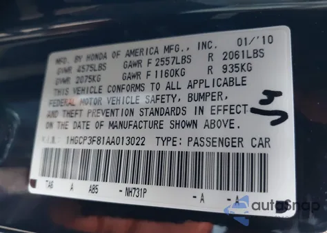 2010 Honda Accord Exl z USA, uszkodzony, nr VIN 1HGCP3F81AA013022